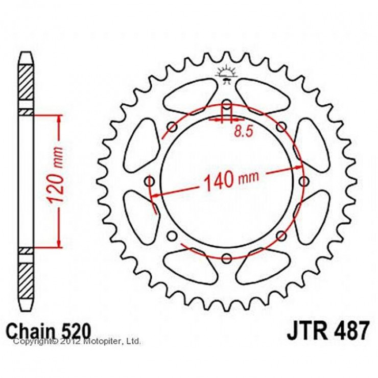 Звезда задняя ведомая JTR487 для мотоцикла стальная, цепь 520, 44 зубья